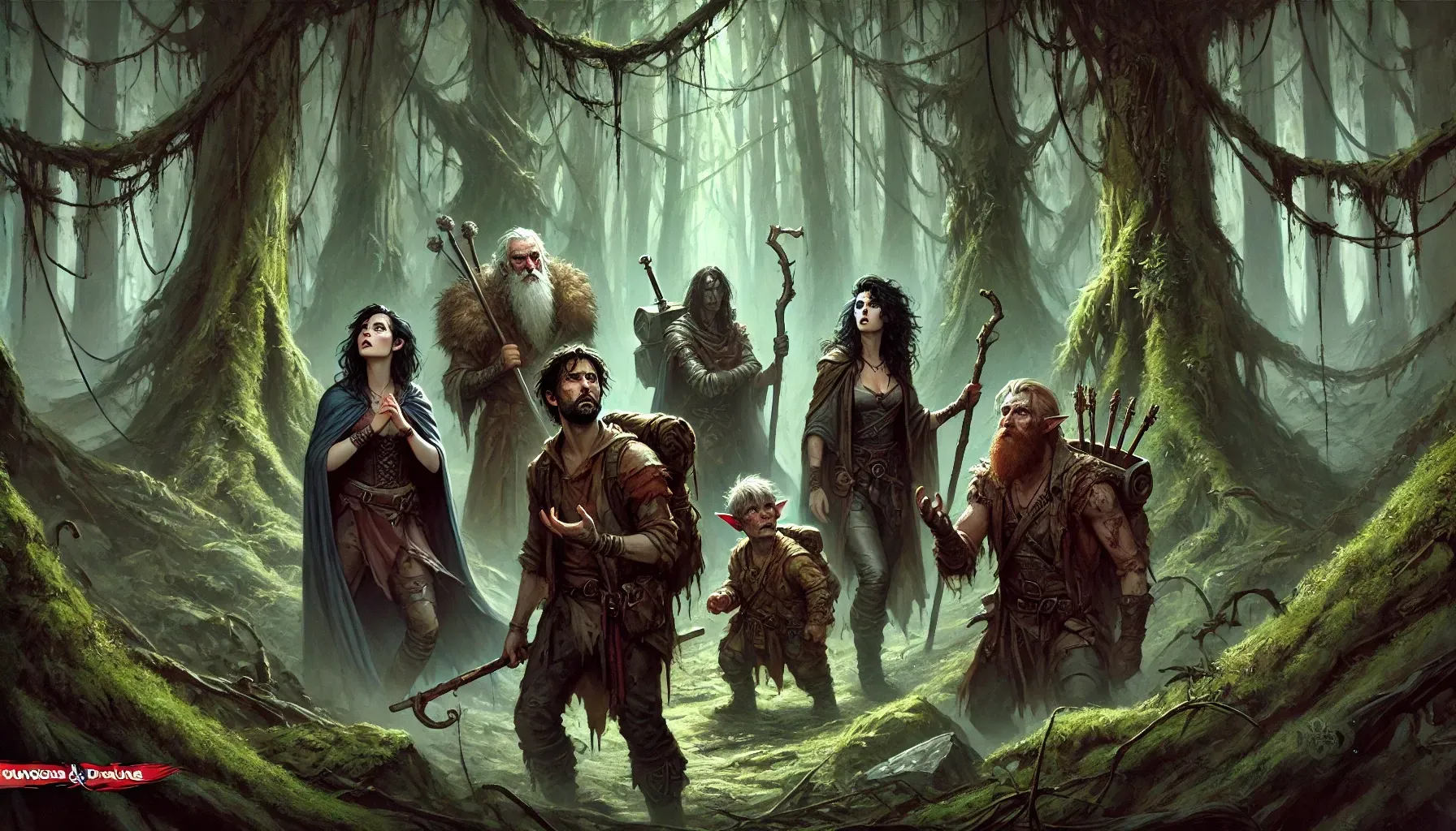 A group of people are standing in a forest.