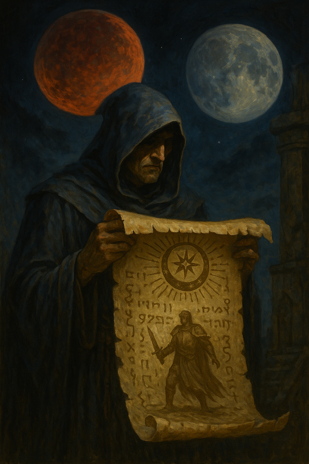 A painting of a man in a hood holding a scroll