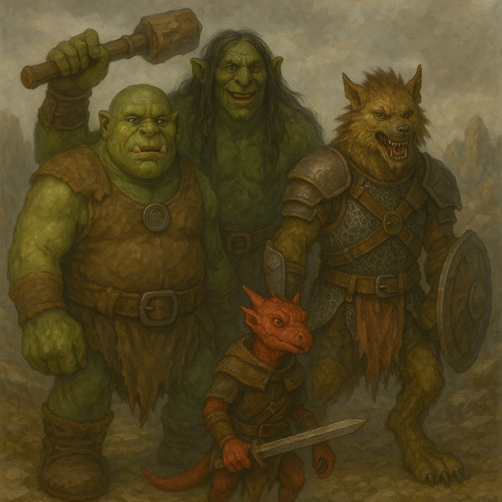 A painting of a group of monsters including an orc and a werewolf