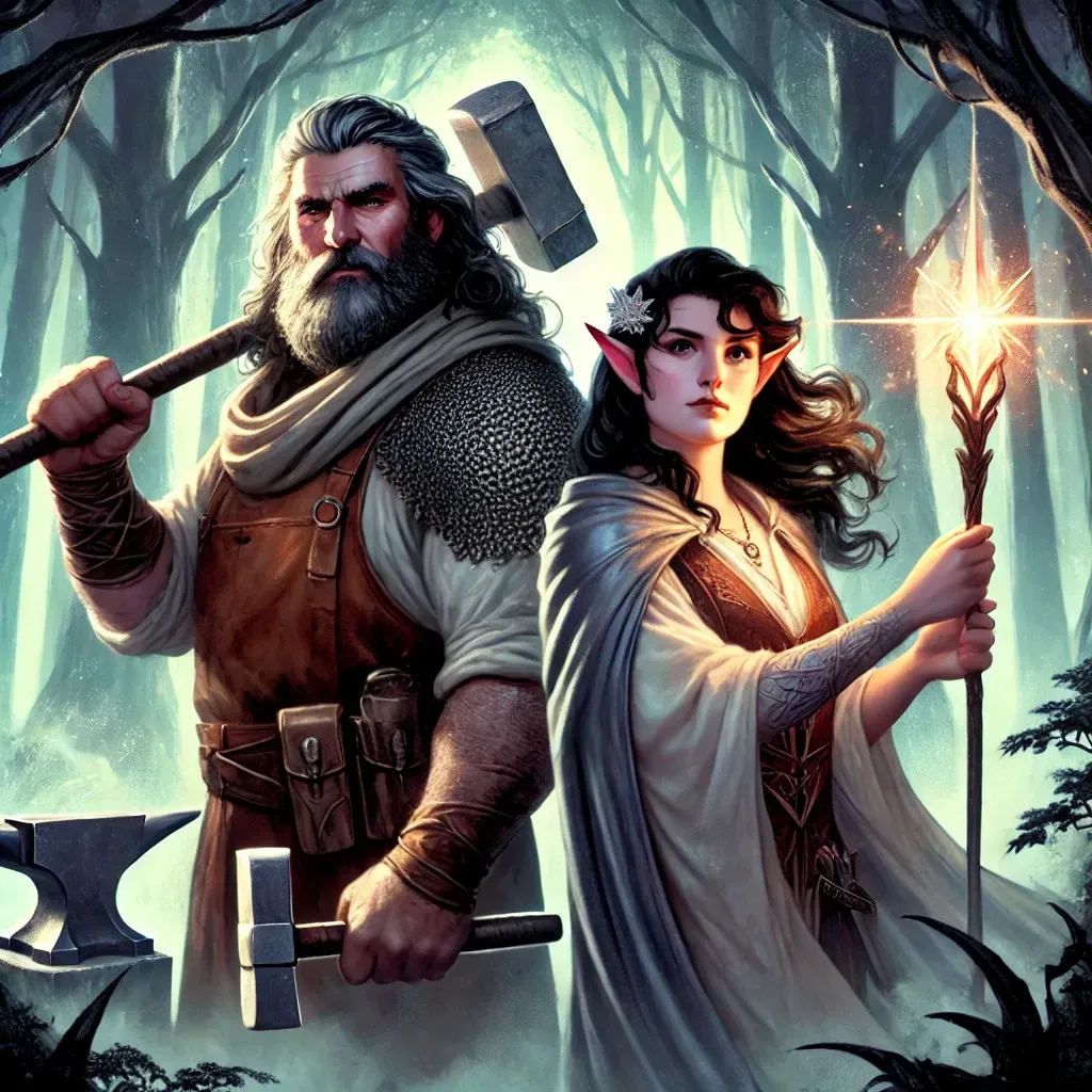 A man and a woman are standing next to each other in a forest