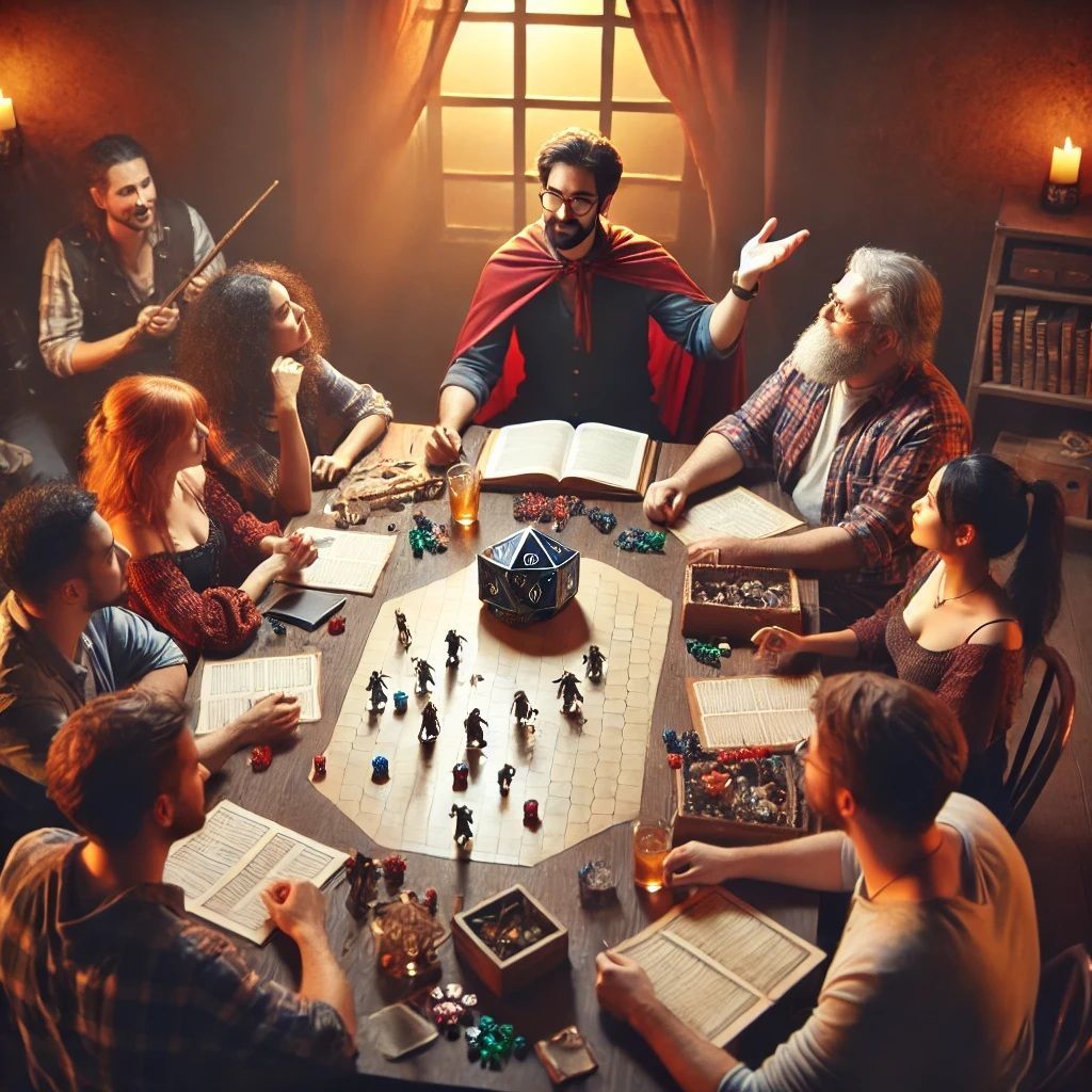 A group of people are sitting around a table playing a game.