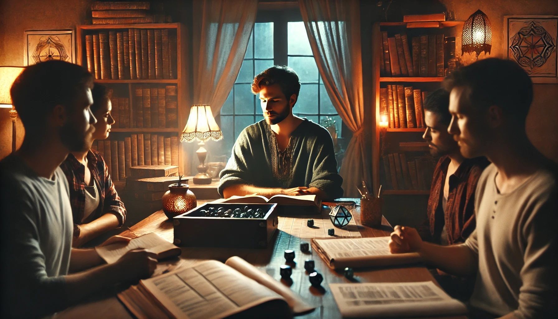 A group of people are sitting around a table playing a game.