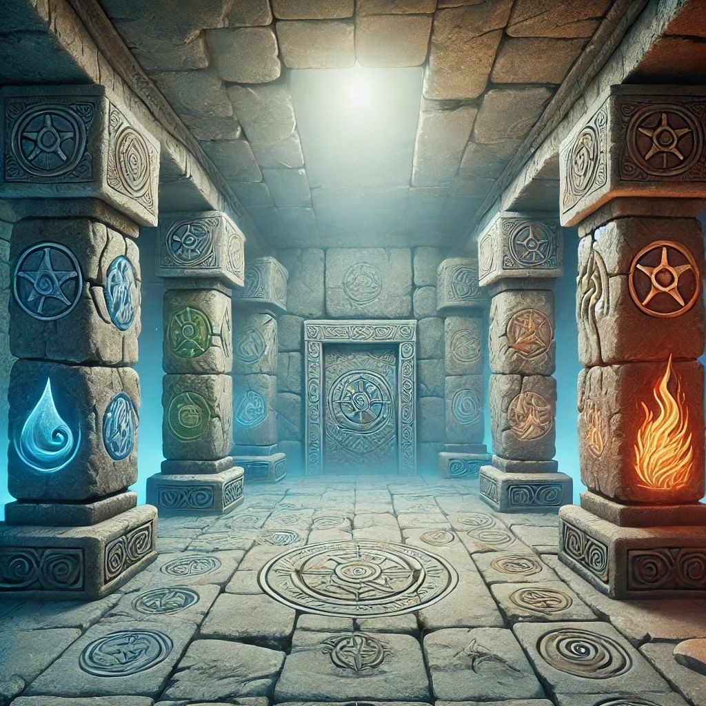 A 3d rendering of a temple with columns and a door.
