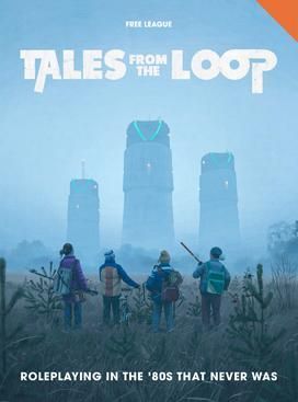 Four kids in '80s attire face towering structures in a foggy landscape.