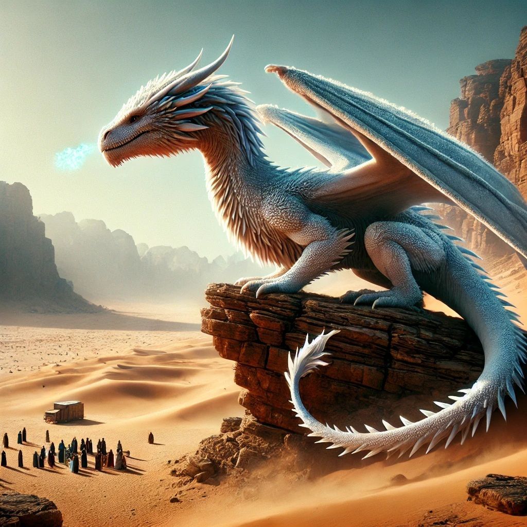 A dragon is sitting on a rock in the desert