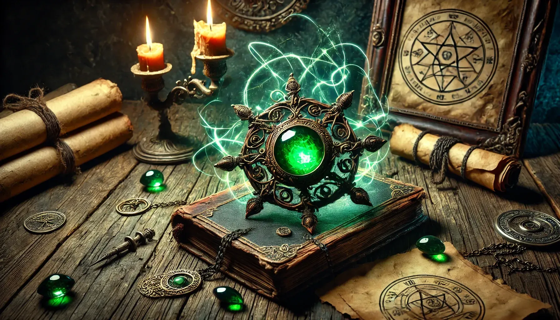 A wooden table topped with a book , candles , and a green object.