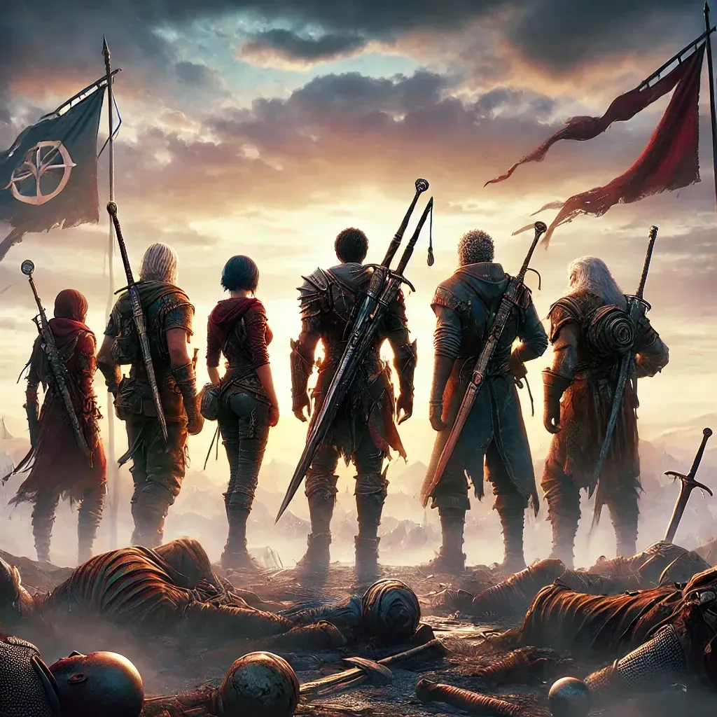 A group of soldiers standing next to each other with swords and flags