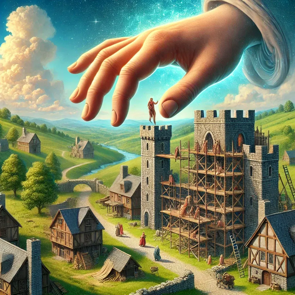 A hand is reaching out towards a castle under construction