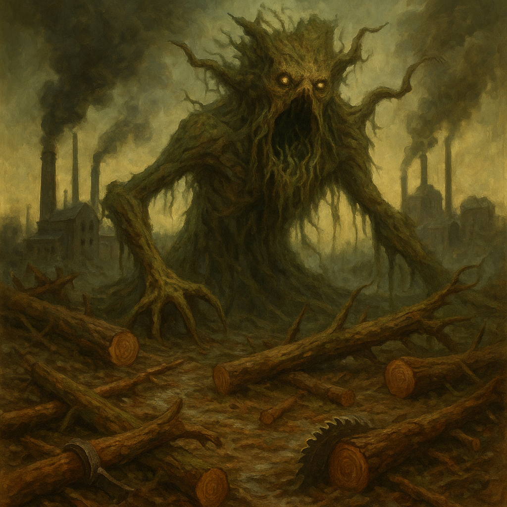 A painting of a monster in a forest with a factory in the background