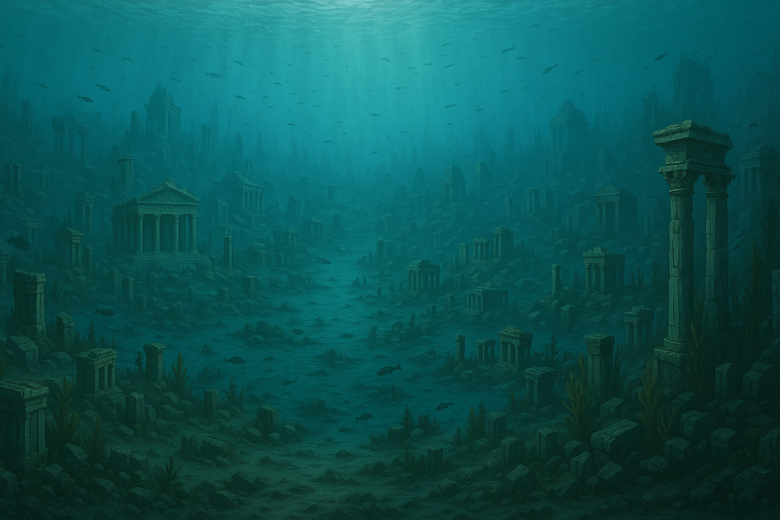 An underwater city with columns and buildings in the ocean.