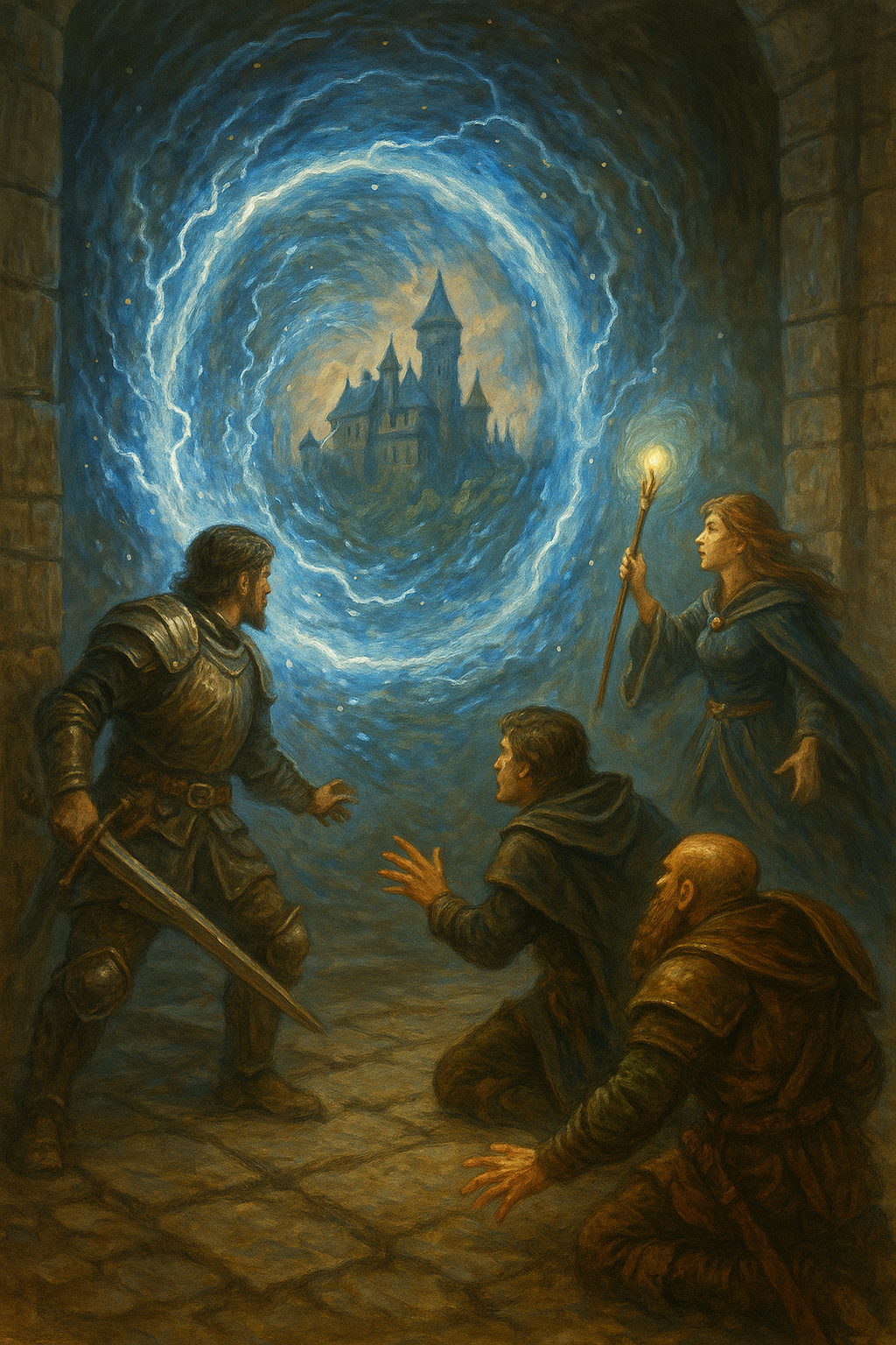 A group of people are looking at a castle through a portal in a painting.