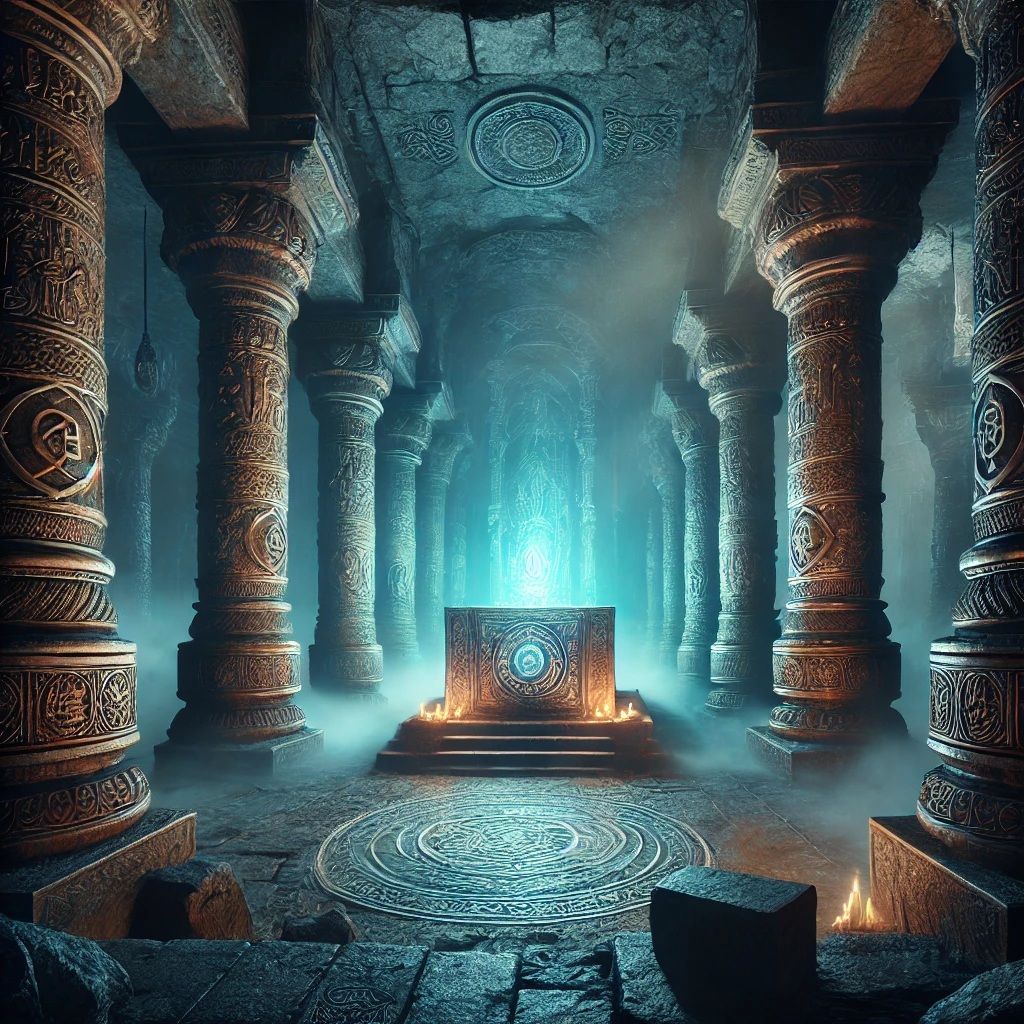 There is a box in the middle of the room surrounded by columns.