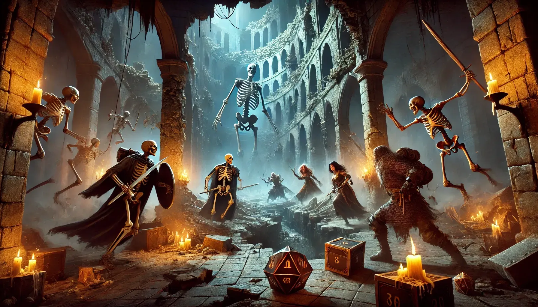 A group of skeletons are dancing in a dark room with candles.