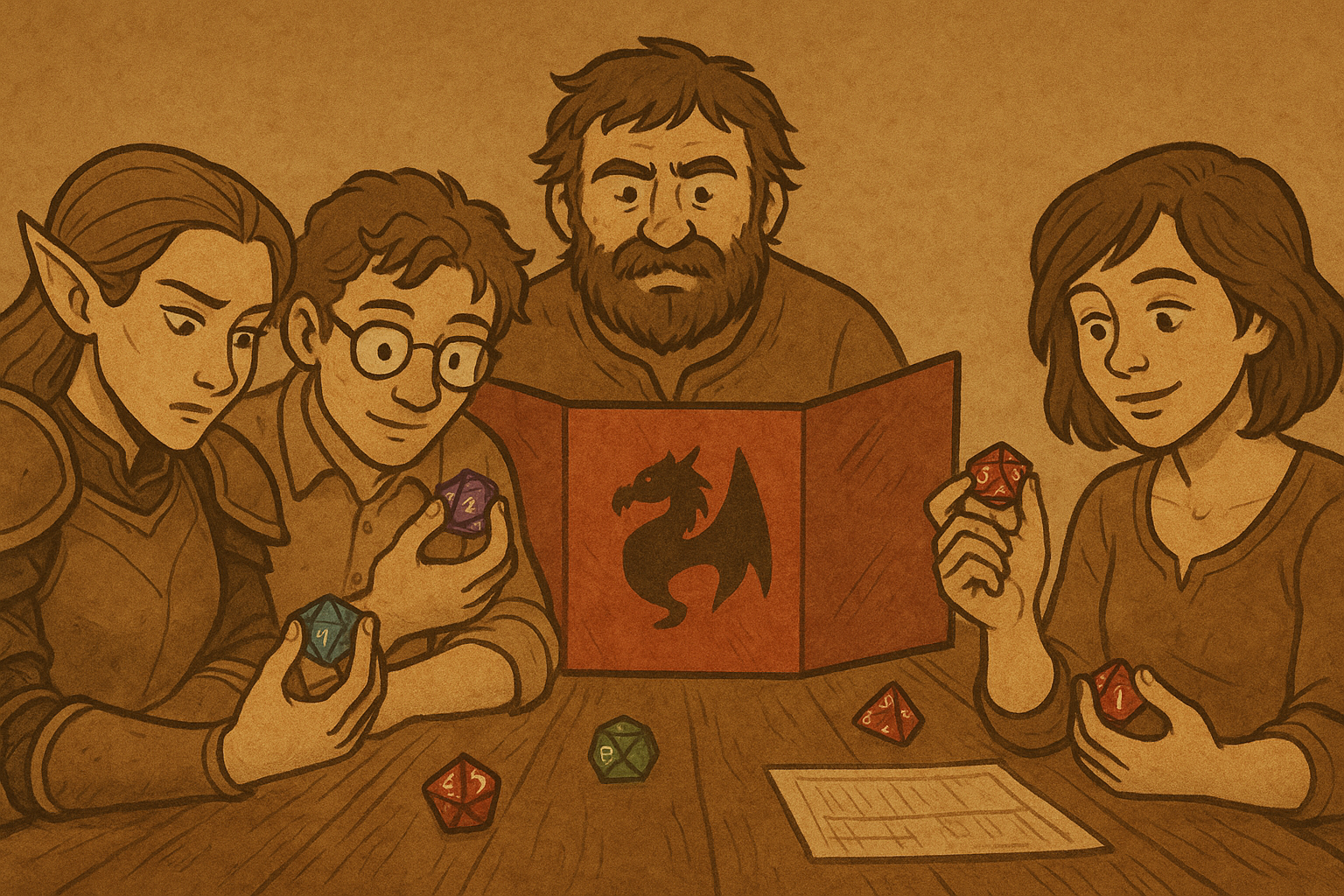 A group of people are sitting around a table playing a game of dungeons and dragons.
