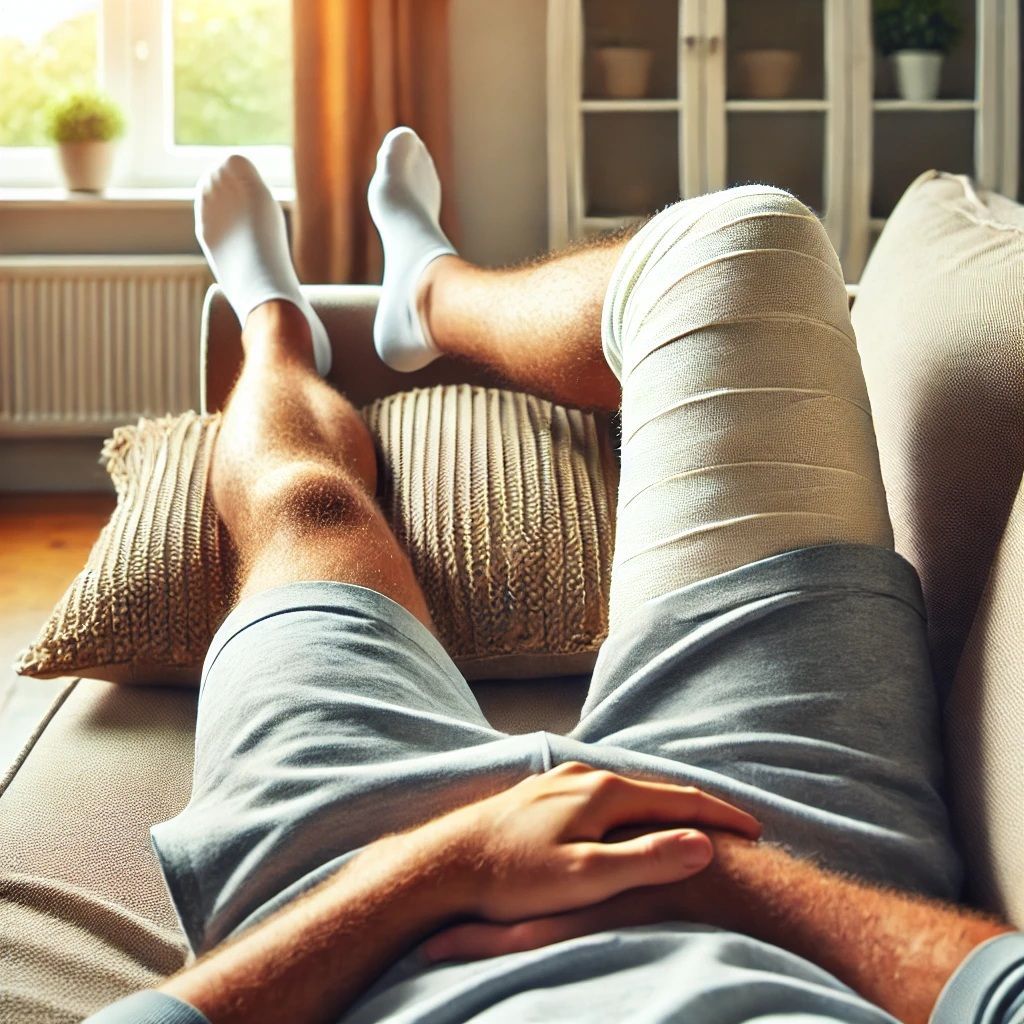 A man with a broken leg is laying on a couch.