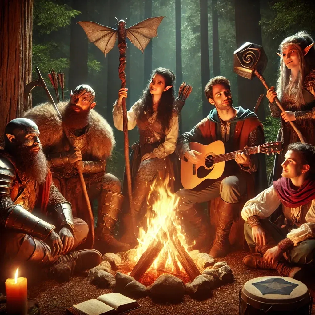 A group of people are sitting around a campfire in the woods