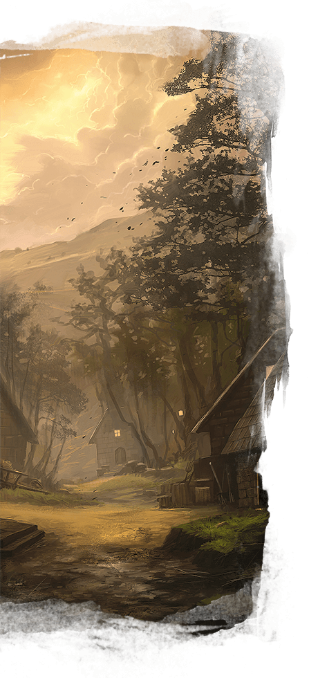 Scenic landscape: golden sunlight bathes a forest, small wooden structure, and misty hills.