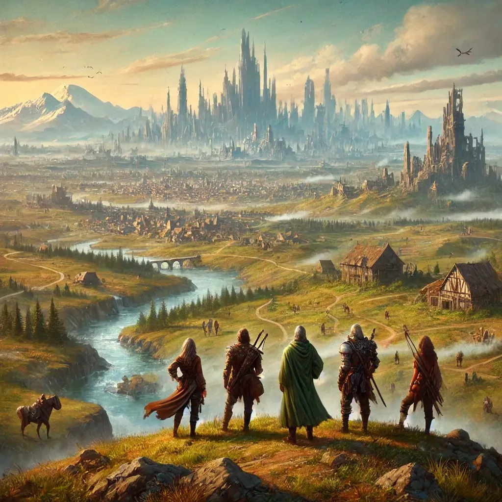 A group of people standing on top of a hill looking at a city.