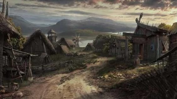 A rustic village with wooden buildings, a dirt road, and mountains in the background.