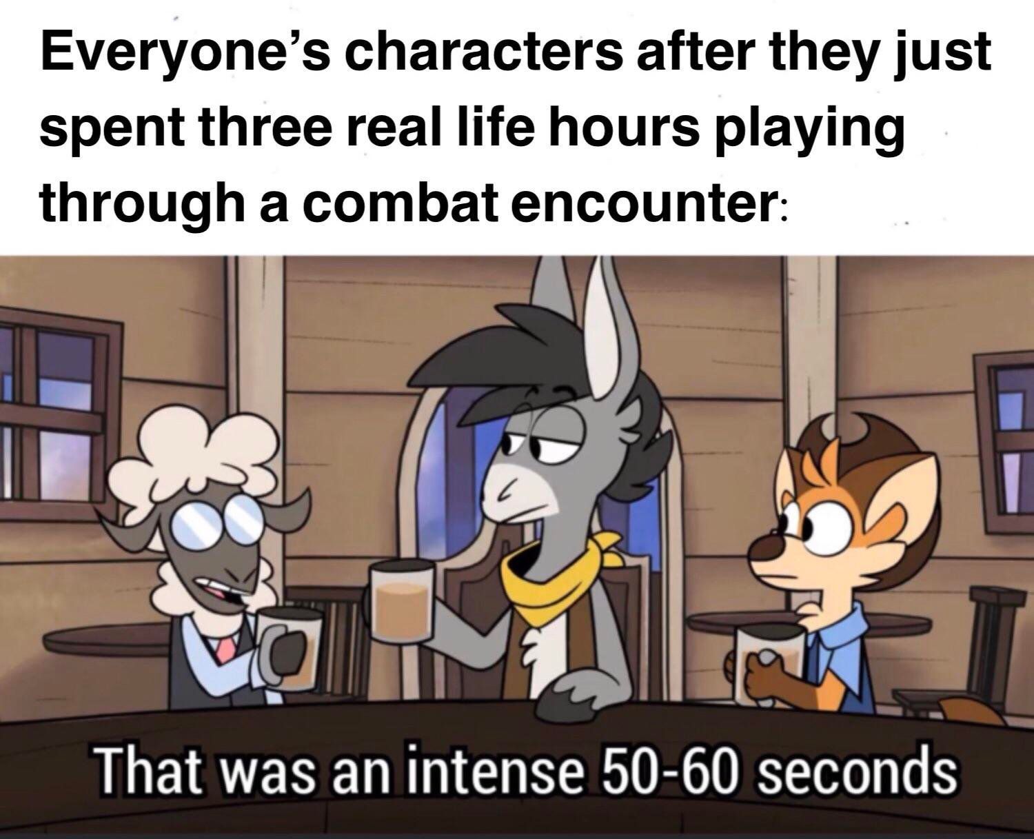 Cartoon characters at a bar after a long combat session. One says 