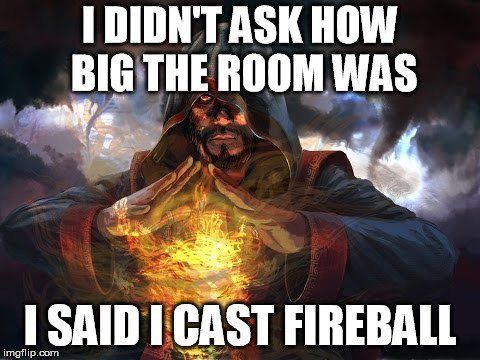 Wizard, hands cupped, conjuring a fireball. Text: