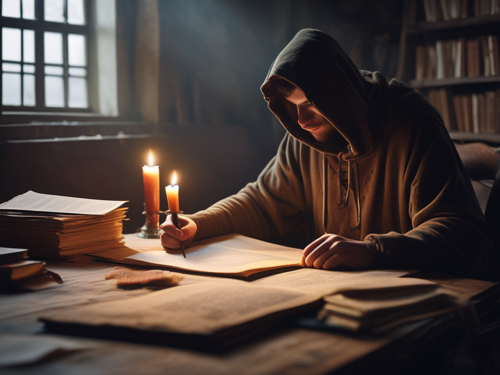 A man in a hood is sitting at a table writing in a book.