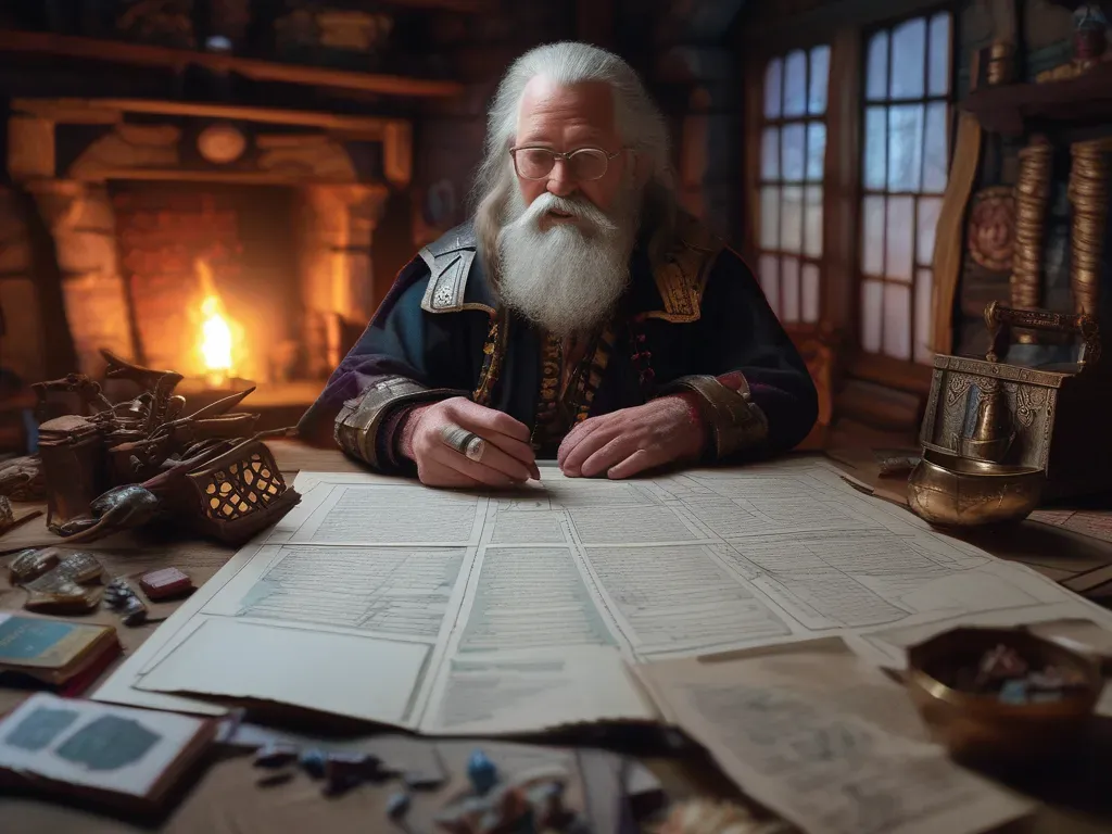 A man with a beard is sitting at a table in front of a fireplace writing on a piece of paper.