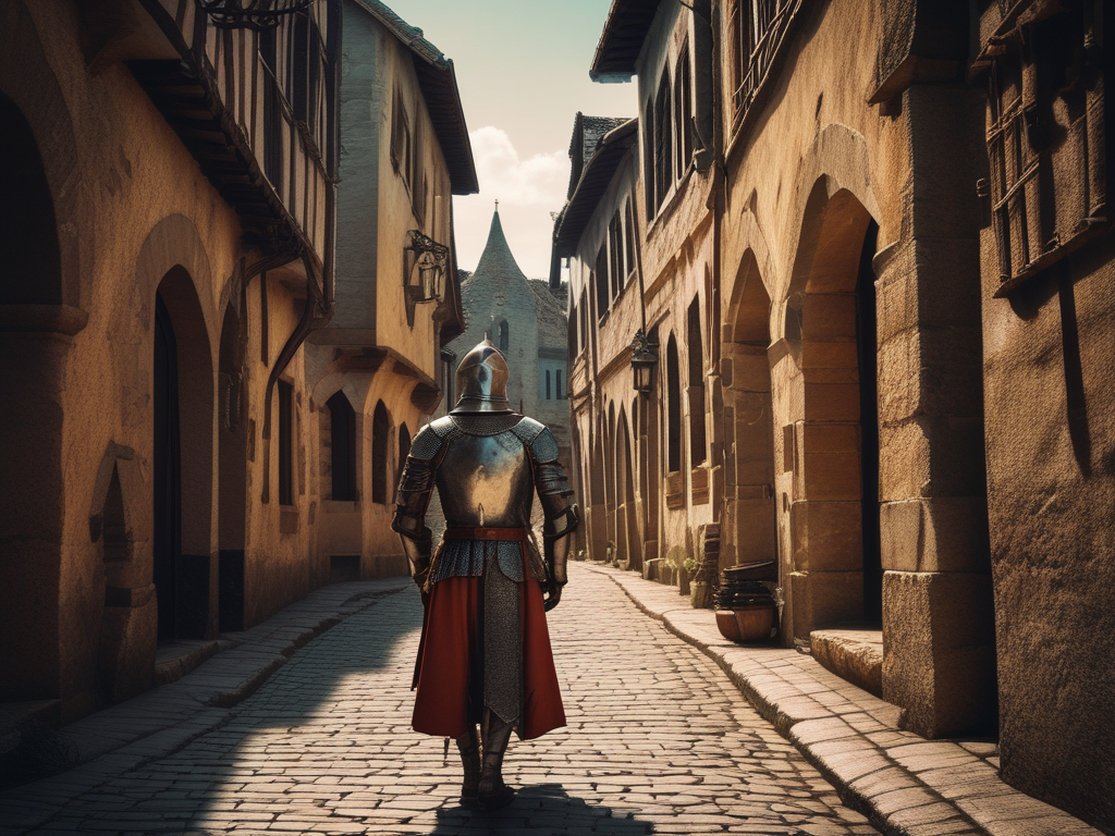 A knight in armor is walking down a cobblestone street.