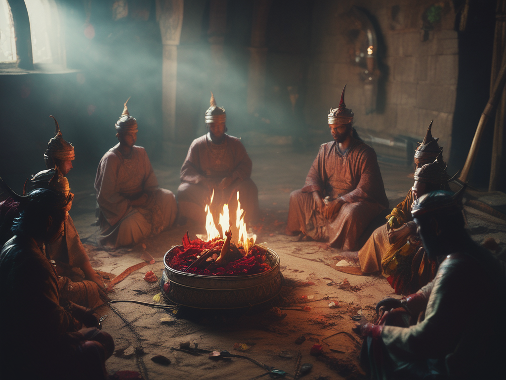 A group of people are sitting around a fire in a room.
