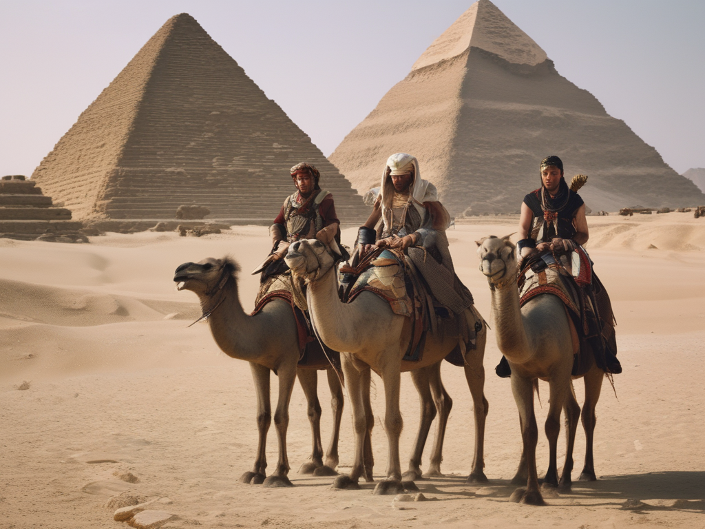 Three men are riding camels in front of two pyramids