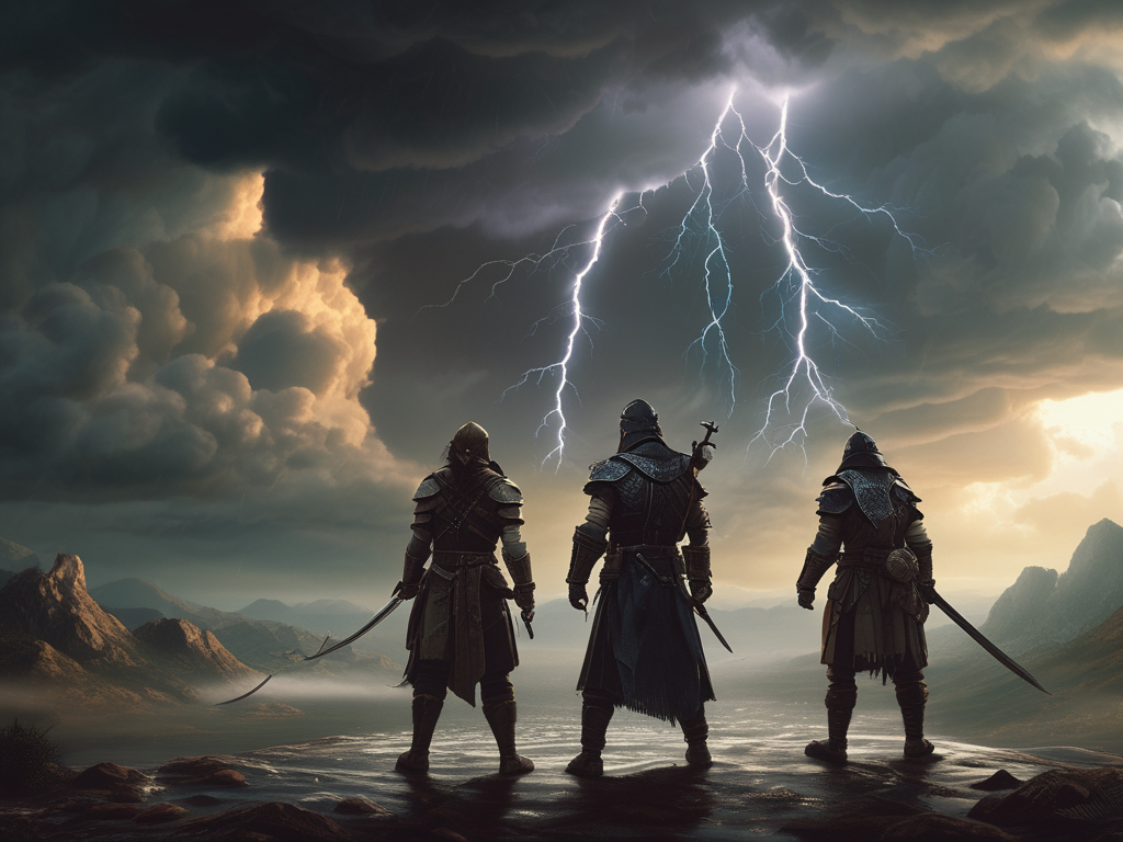 Three warriors are standing in front of a lightning storm.