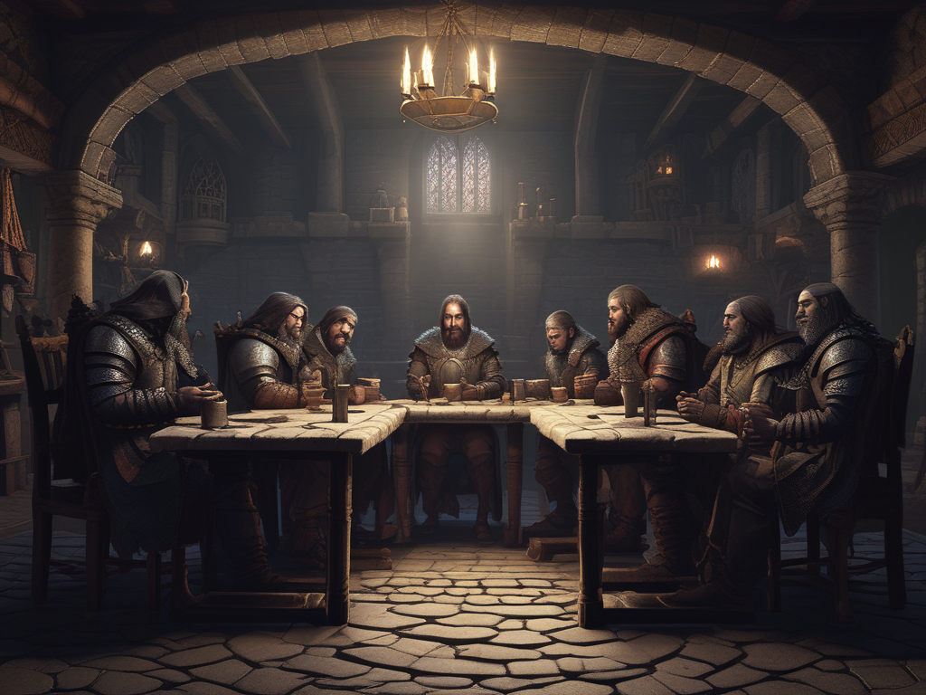A group of men are sitting around a long table in a castle.