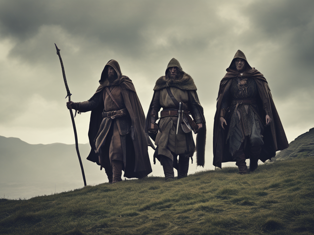 Three men in hooded cloaks are walking down a hill.
