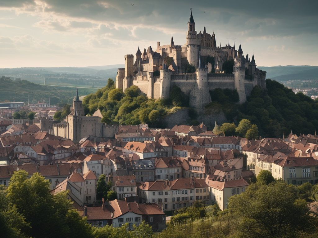 A large castle sits on top of a hill overlooking a small town