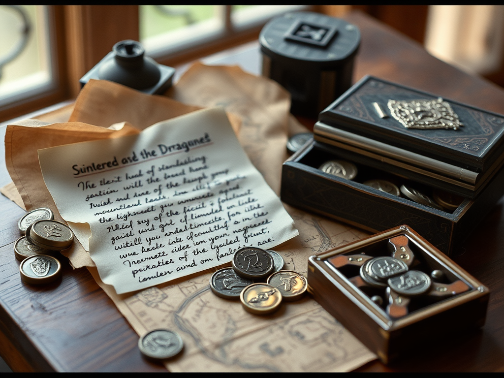 A table with coins and a piece of paper that says sentiered and the dragons