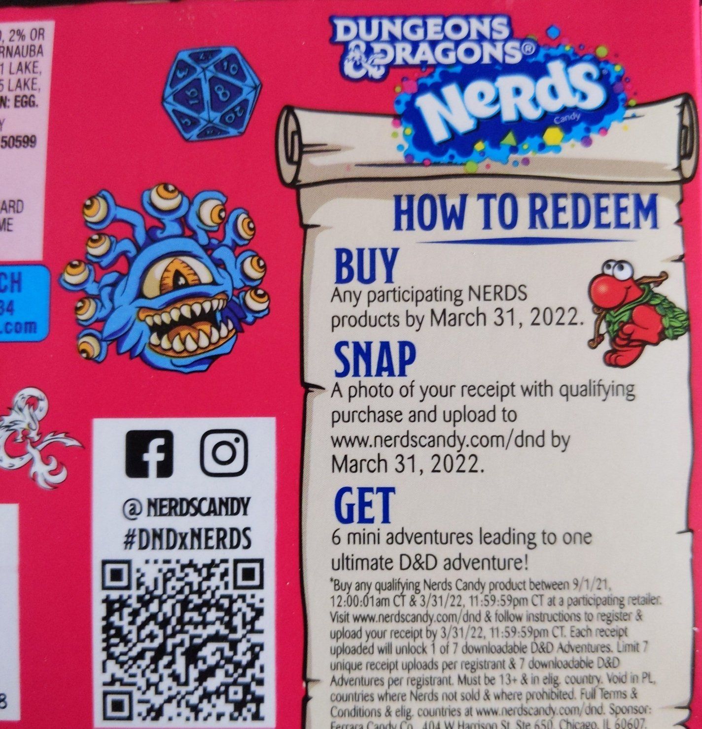 Promotional graphic for Dungeons & Dragons Nerds candy. Shows a monster, instructions, and social media info.