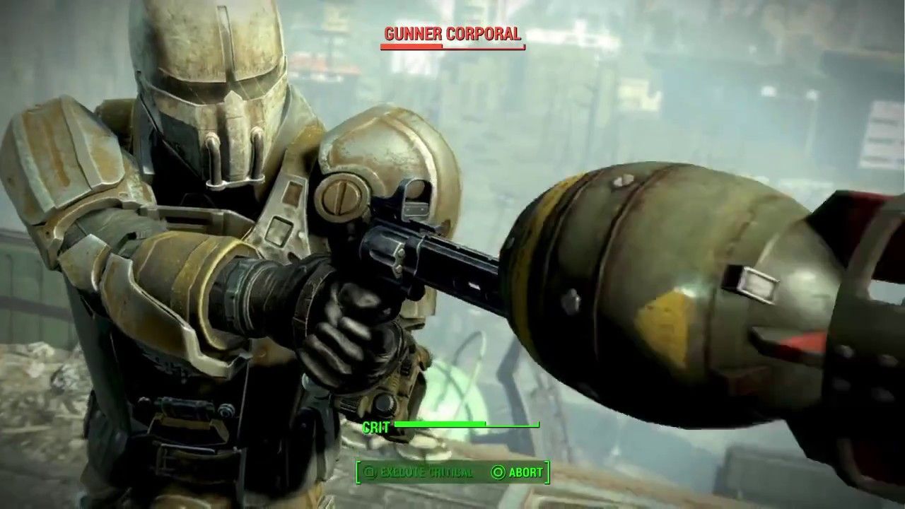 A soldier in armor aims a handgun at a mini-nuke, with a health bar.