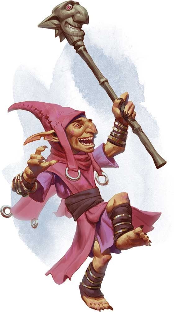 A gleeful goblin in red robes, holding a staff, laughing.