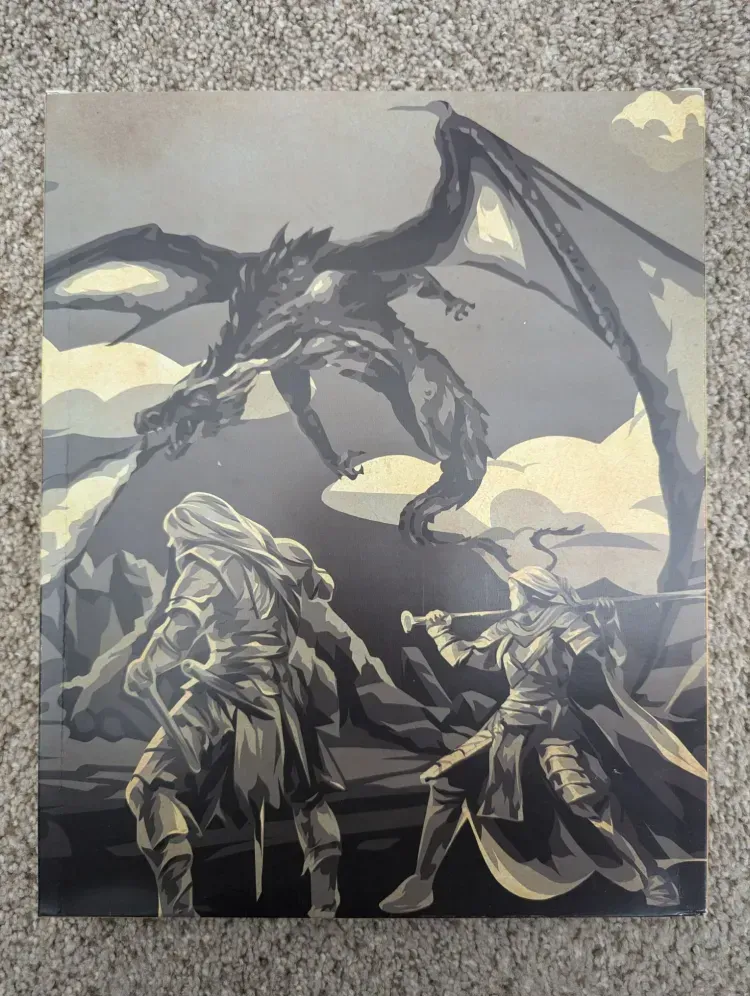 A black and white painting of two men fighting a dragon
