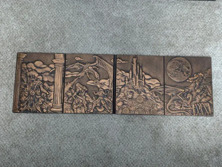 A wooden plaque with a dragon and a castle on it
