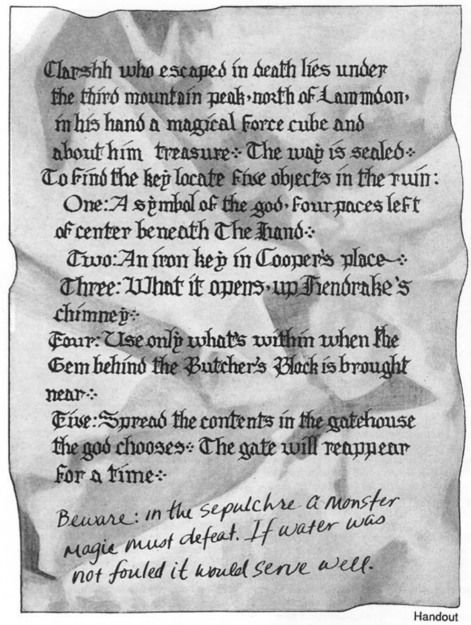 Old, parchment-like text: Clues to find treasure, includes 
