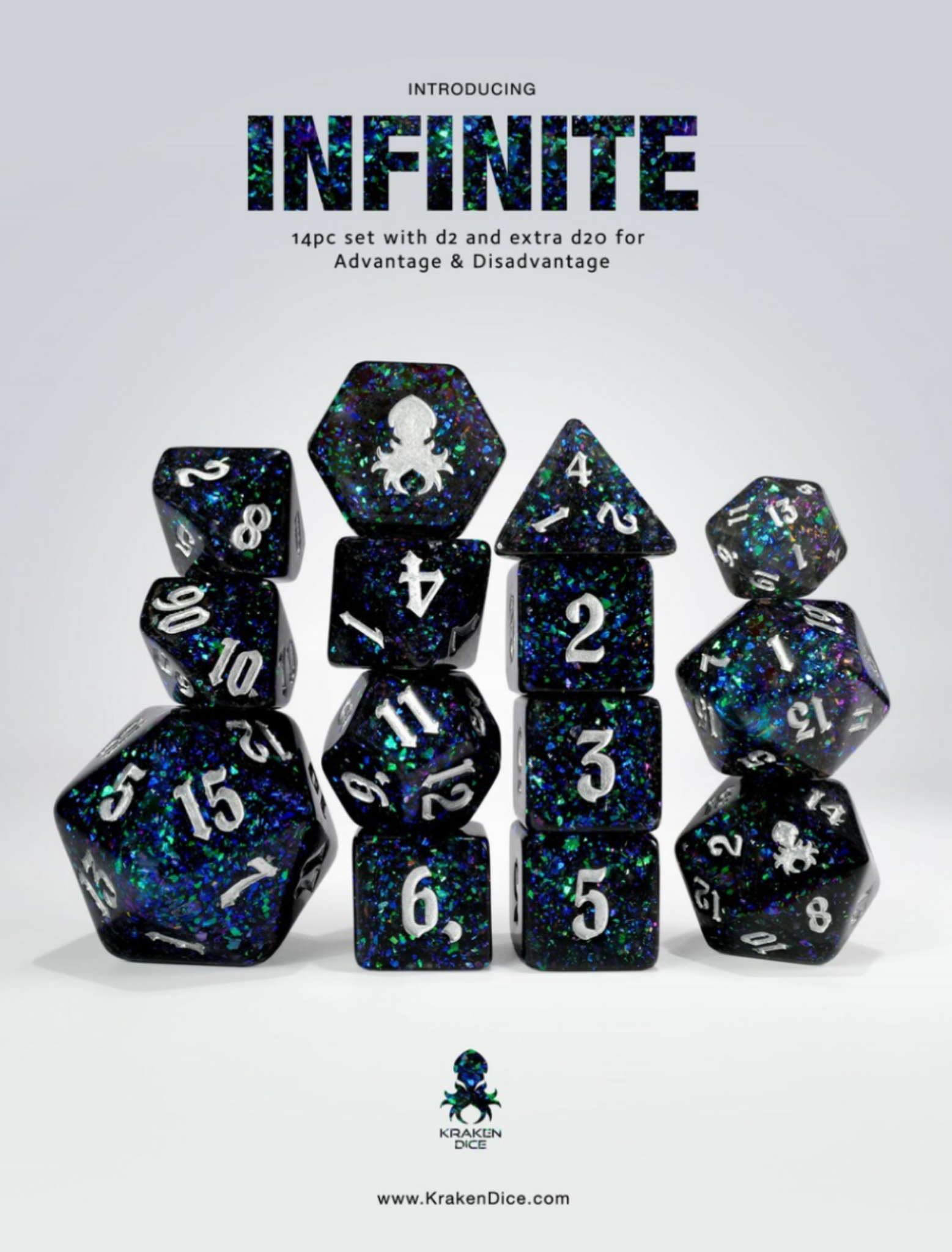 A set of iridescent blue and black polyhedral dice stacked on a white background. 