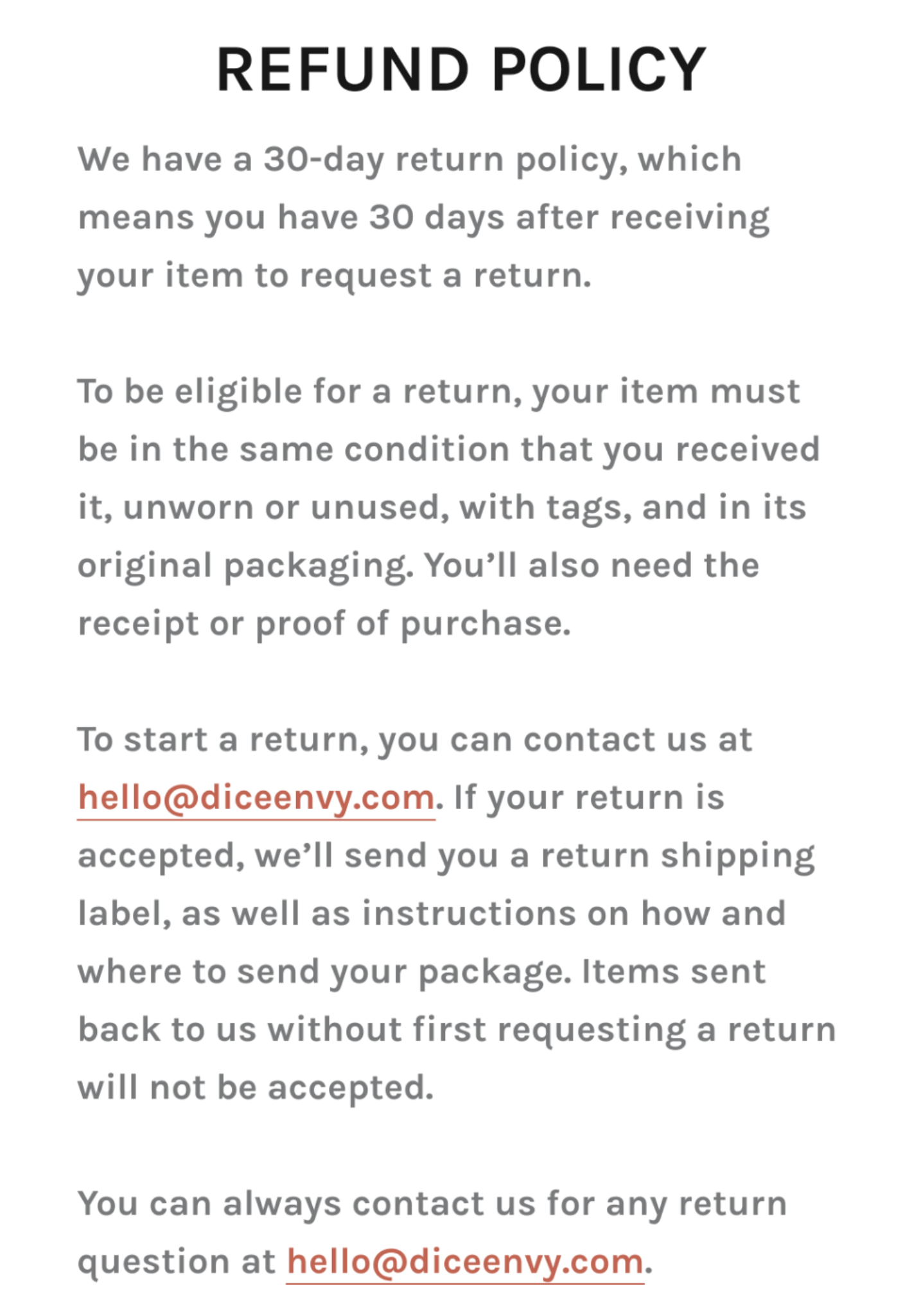 Refund policy text; explains a 30-day return period, item condition requirements, and contact information.