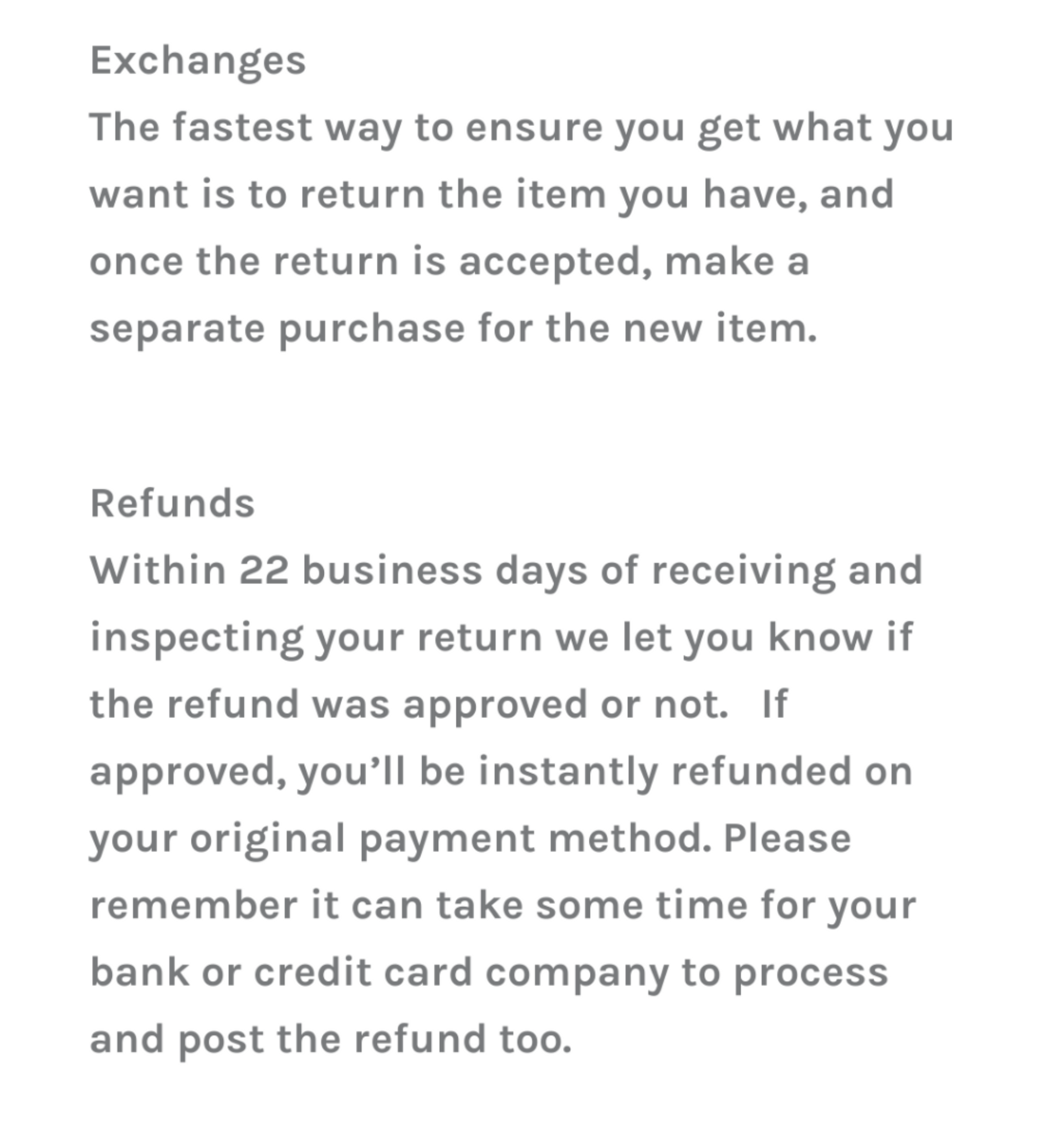 Text explaining return and refund policies: return for exchange is fastest; refunds processed within 22 days.