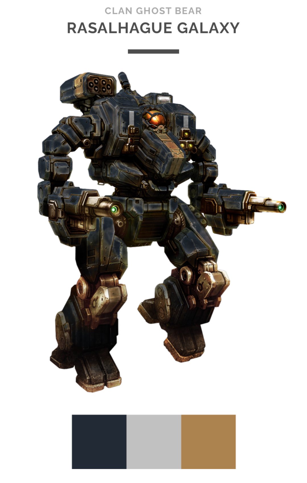 A Clan Ghost Bear 'mech with Rasalhague Galaxy paint scheme: dark blue, gold, and silver.