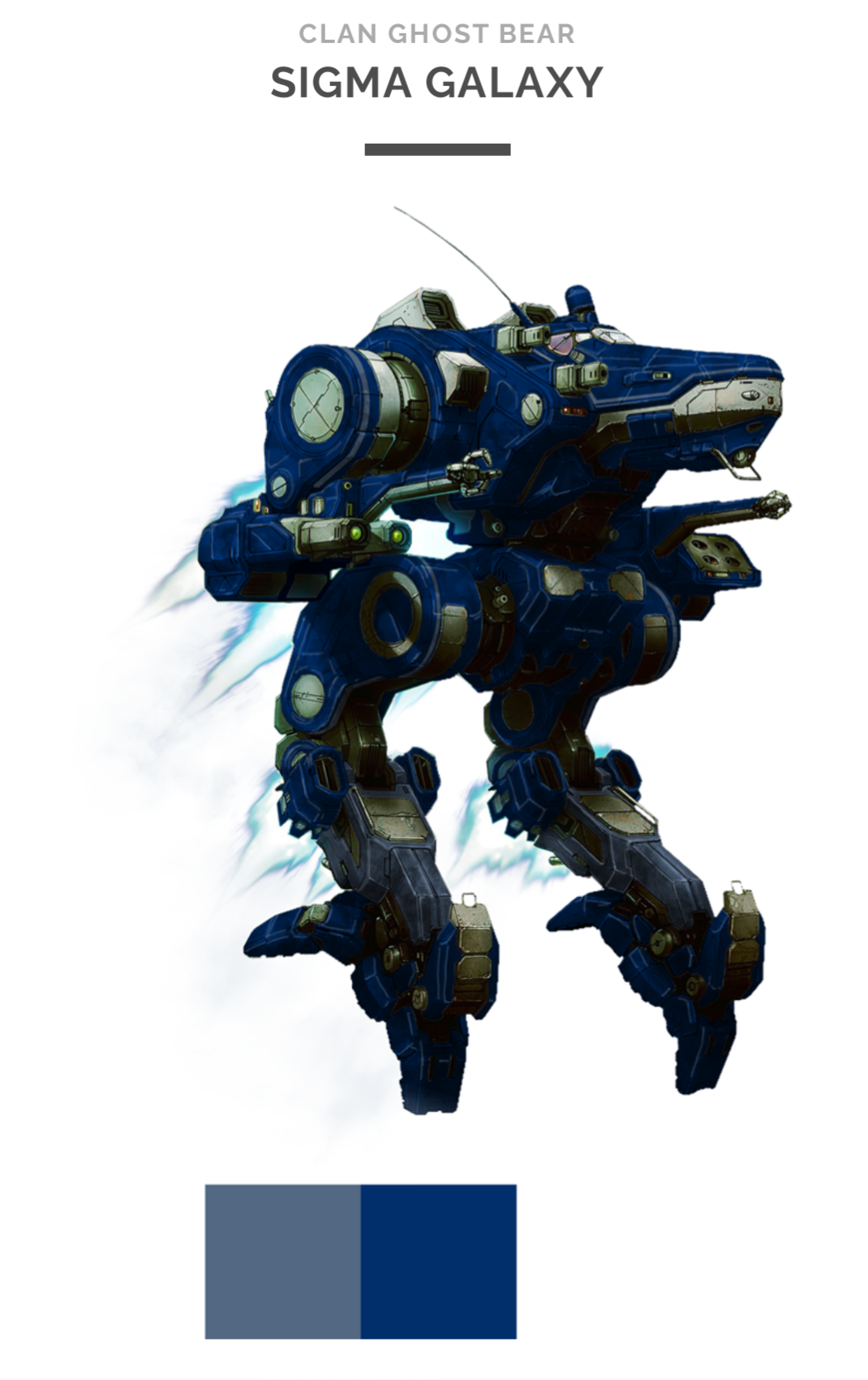 Clan Ghost Bear mech in Sigma Galaxy colors, blue and gray, with energy effects.