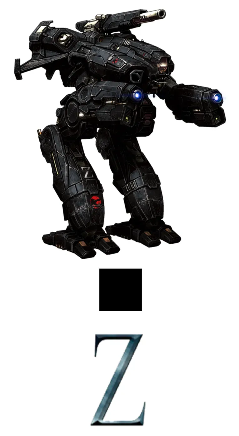 A dark battle mech with two arms, two legs, a cannon on top, and a