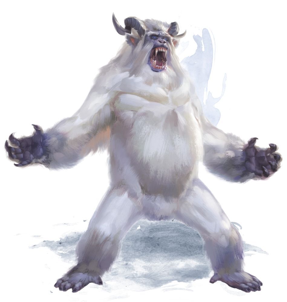 A large, white yeti with horns roars, arms outstretched, in a snowy environment.