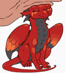 Red dragon, content, being petted. Smiling with closed eyes.