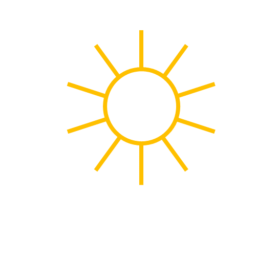 Yellow outline of a sun with radiating rays on a white background.